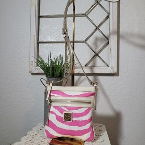 Pink and White Zebra Print Dooney & Bourke Crossbody Bag with Zipper Closure